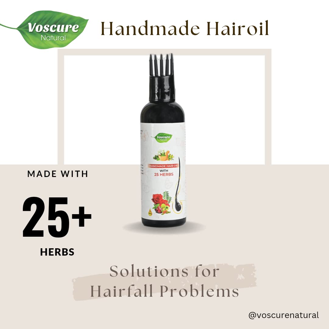 VOSCURE Natural Handmade Hair Oil with 25+ Herbs for Men & Women | Controls Dandruff & Hair Fall, Promotes Hair Growth & Thickness | Herbal Treatment for Dry, Damaged Hair | 100ml | Perfect for Daily Scalp Massage & Hair Care Routine