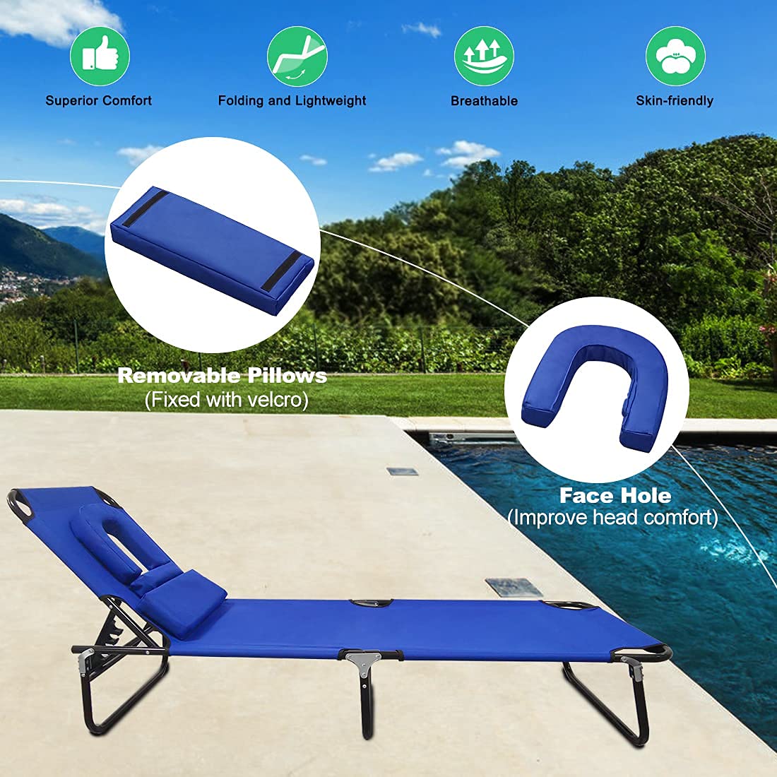 Portable Chaise Lounge - 4 Position Adjustable Outdoor Recliner Chair with Face Hole & Removable Pillow, 330lbs Weight Capacity - Perfect for Beach, Poolside, Patio, Lawn, Balcony and Backyard Relaxation
