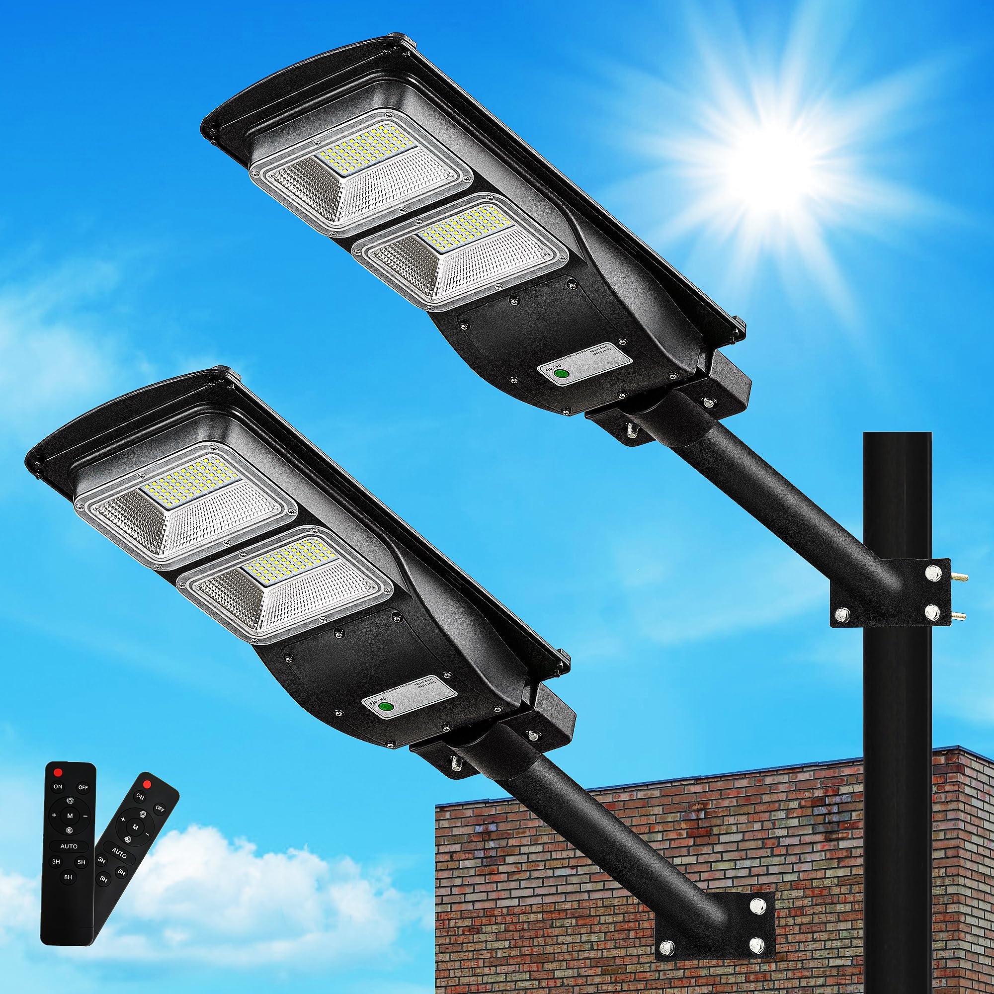 2Pack 1500W Solar Powered Street Lights - 6000K Bright White LED Outdoor Security Lights with Motion Sensor & Dusk to Dawn Auto On/Off - IP65 Waterproof for Driveway, Garden, Patio, Yard, Pathway, and Backyard Lighting