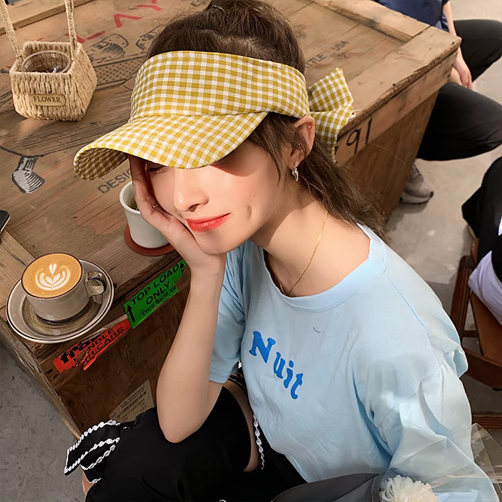 Women's Summer Plaid Sun Hat with Bow - Adjustable Wide Brim Beach Hat for Golf, Tennis, Travel & Outdoor Activities - UV Protection Floppy Hat for Women & Girls (Yellow)