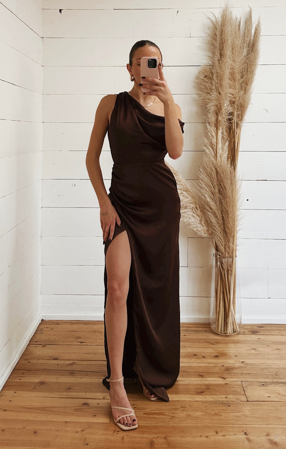Jodie Dress - Chocolate Luxe Satin Midi Dress for Women | Elegant Formal & Party Wear | Perfect for Weddings, Cocktails & Evening Events
