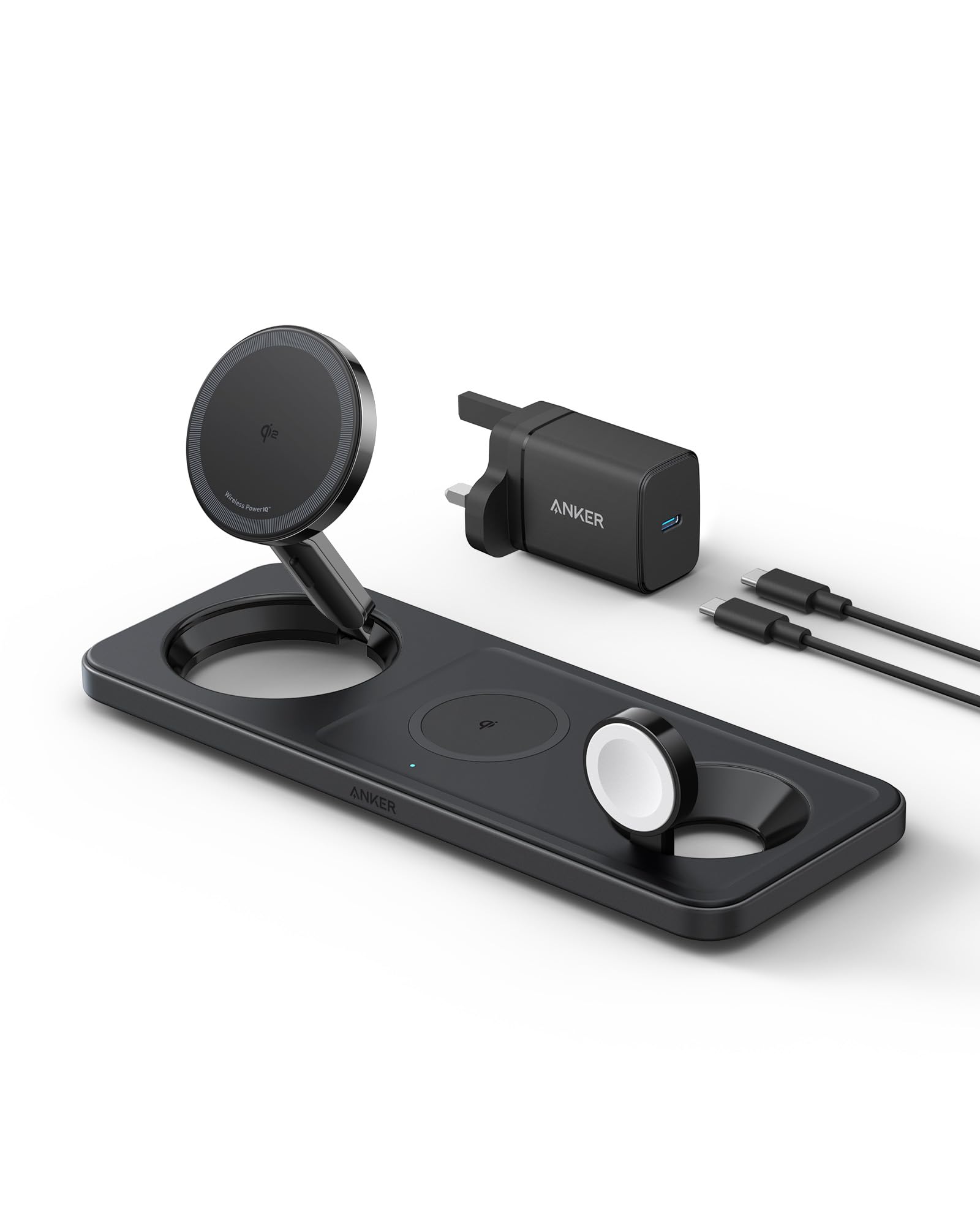 Anker MagGo Foldable 3-in-1 Wireless Charging Station with MagSafe | Qi2 Certified 15W Fast Charger for iPhone 16/15/14 Series, AirPods & Apple Watch | Perfect for Home, Office & Travel (Includes Charger & Cable)