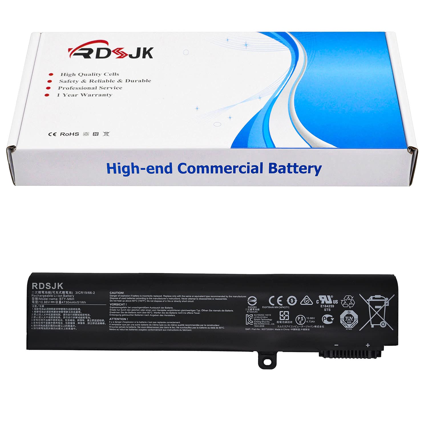 BTY-M6H Replacement Laptop Battery for MSI GE72/GE62/GE63/GL62/GL72/GP62/GP72 Series - 10.86V 51Wh - Compatible with MS-16J2 Models (Perfect for Gaming, Work & Travel)