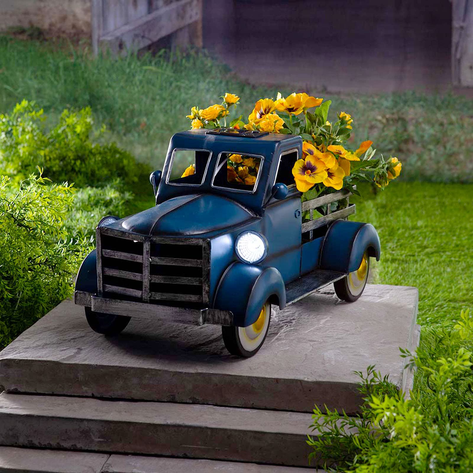 YUYVIO Retro Solar-Powered Pickup Truck Garden Decor with LED Lights - Vintage Blue Flower Pot Planter for Outdoor Patio, Lawn & Yard Decoration | Perfect for Garden, Home & Farmhouse Decor