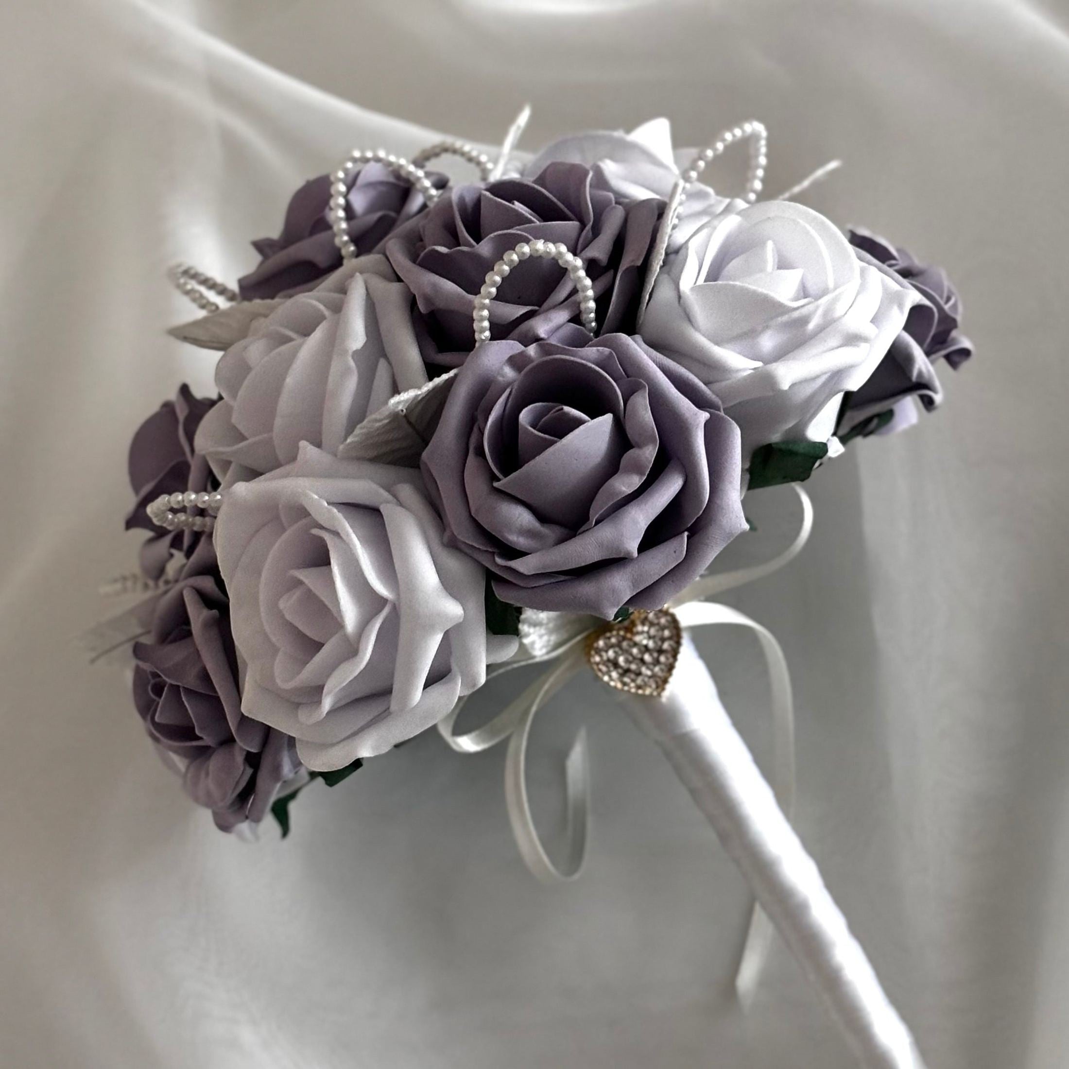 Lavender Artificial Wedding Bouquet with Roses and Pearls - Bridal Flowers FL49 for Bridal Showers, Wedding Decorations & Home Centerpieces