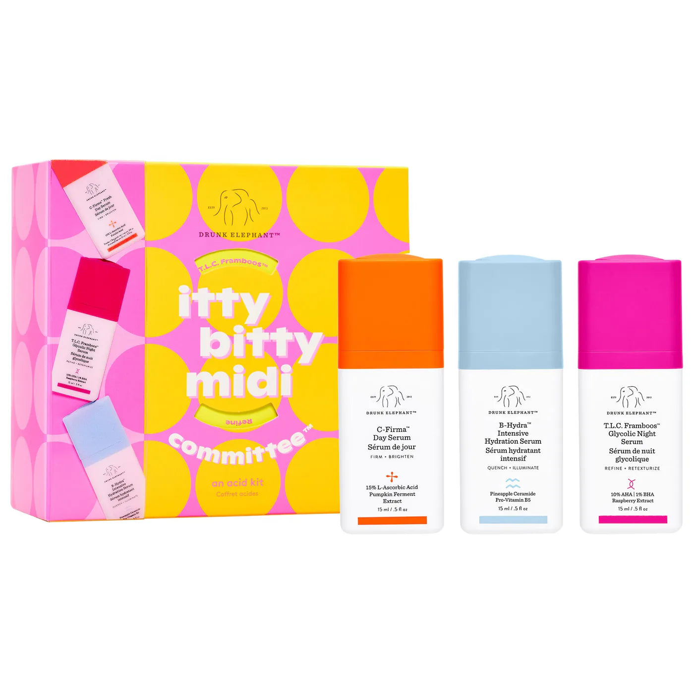 Drunk Elephant Itty Bitty Midi Committee Serum Trio Set - Vitamin C, Hydrating & Anti-Aging Serums for Glowing Skin | Perfect for Travel Skincare & Daily Routine