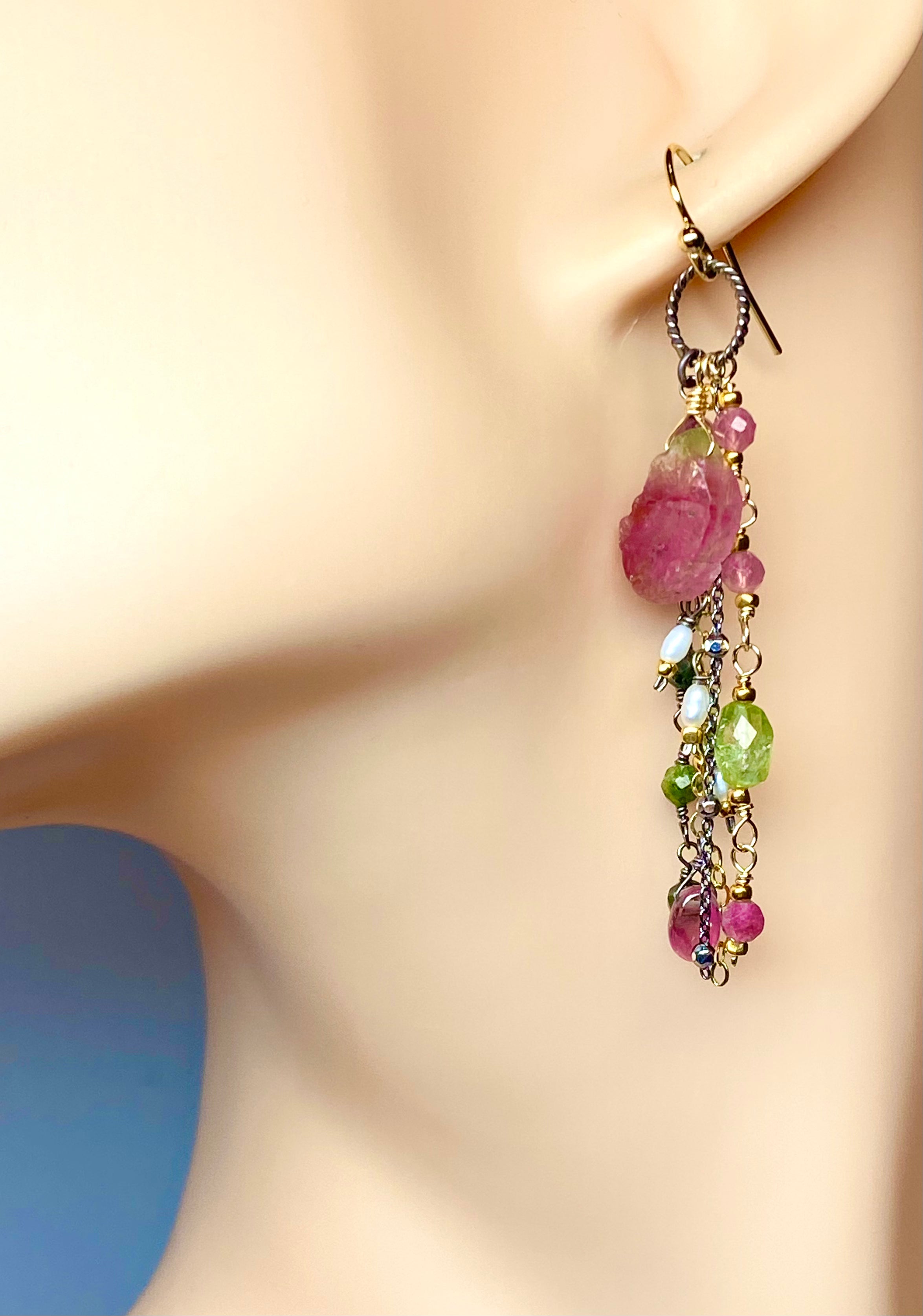 Watermelon Tourmaline Slice Earrings - Mixed Metal Dangle Earrings for Women, Handmade Gemstone Jewelry - Perfect for Summer Outfits, Beach Vacations & Boho Fashion