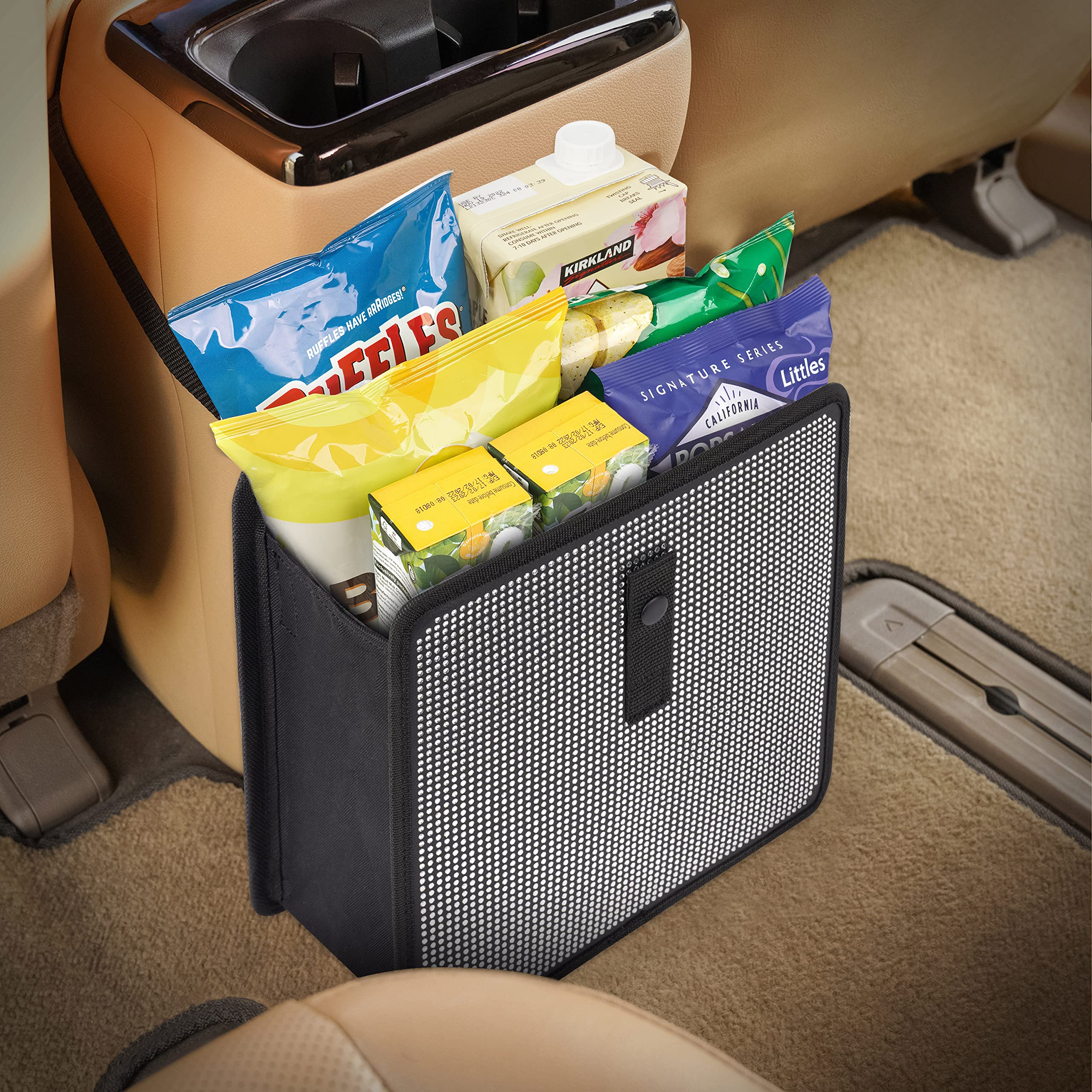 Foldable Hanging Bling Trash Can for Car - Vegan Leather & Oxford Fabric Collapsible Car Garbage Bin - Diamond Pattern Auto Organizer - Perfect for Road Trips, Travel & Daily Commute (Large Size)