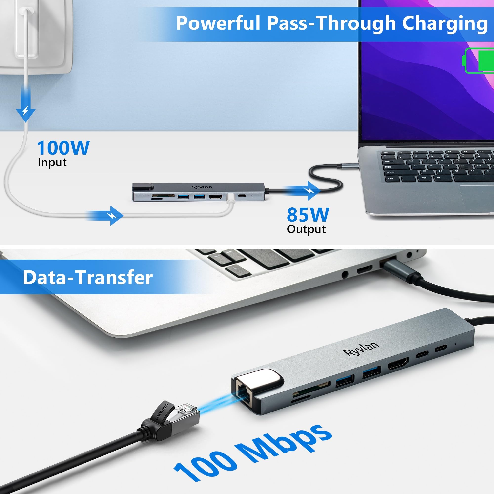 8-in-1 USB-C Hub with 4K HDMI, 100W Fast Charging - Multiport Adapter & Dock Station for MacBook, iPad, Chromebook - Perfect for Work, Travel & Home Office