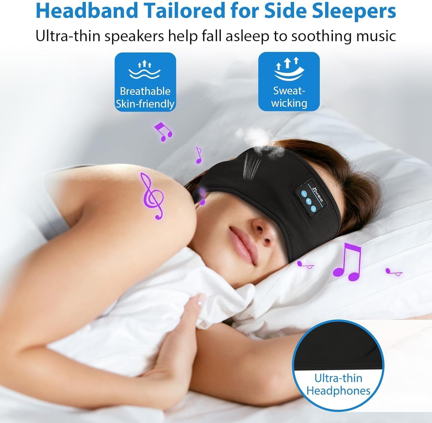Adjustable Wireless Headband Headphones with Ultra-Thin Speakers for Side Sleepers - Comfortable Sleeping Headphones for Yoga, Running, Workout & Travel - Perfect for Nighttime Relaxation, Gym Sessions and Long Flights