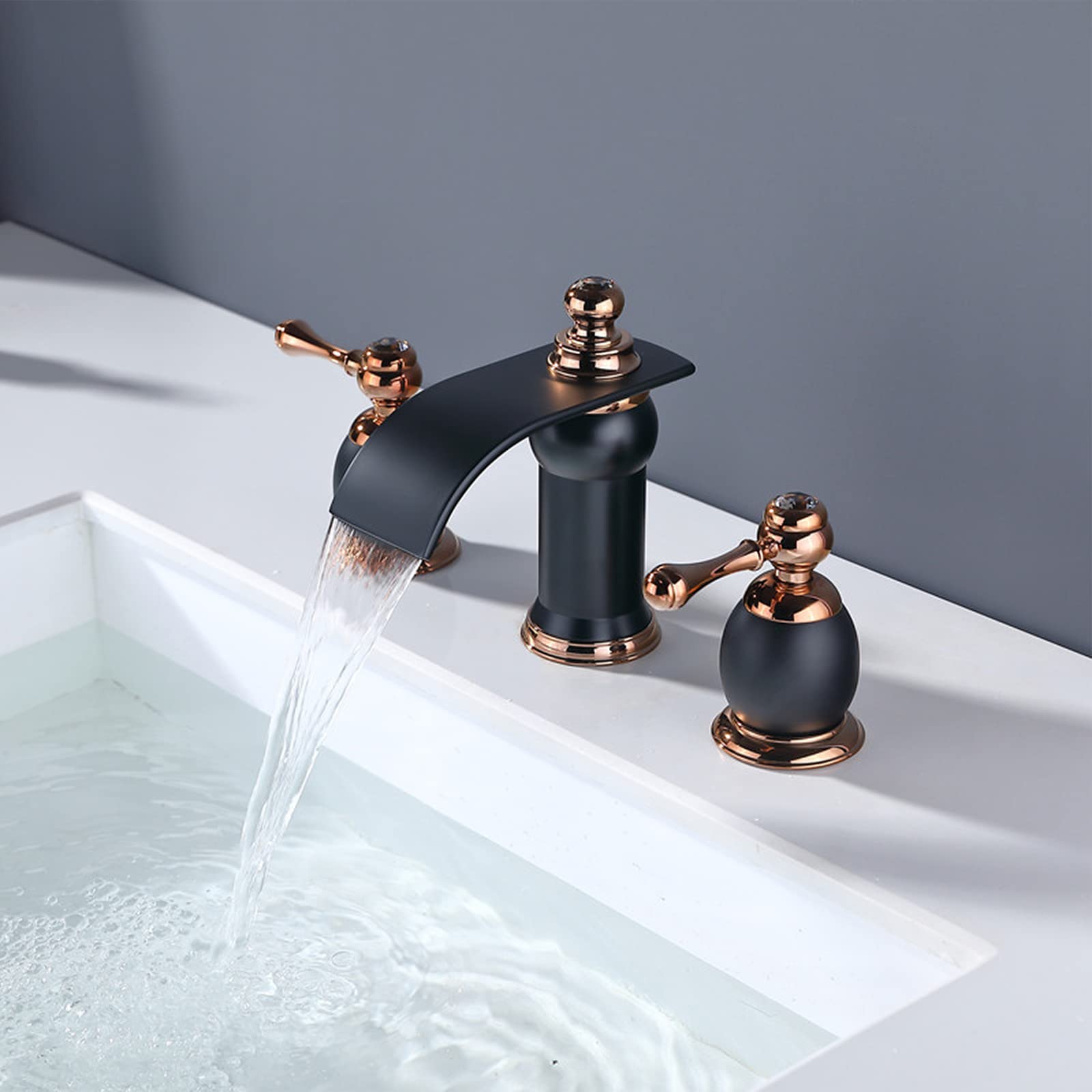 Vintage Widespread Bathroom Faucet - Double Handle Brass Basin Mixer Tap with Hot/Cold Water Control - Antique 3 Hole Waterfall Faucet for Bathroom Sink - Perfect for Vessel Sinks, Retro Bathrooms & Luxury Home Decor