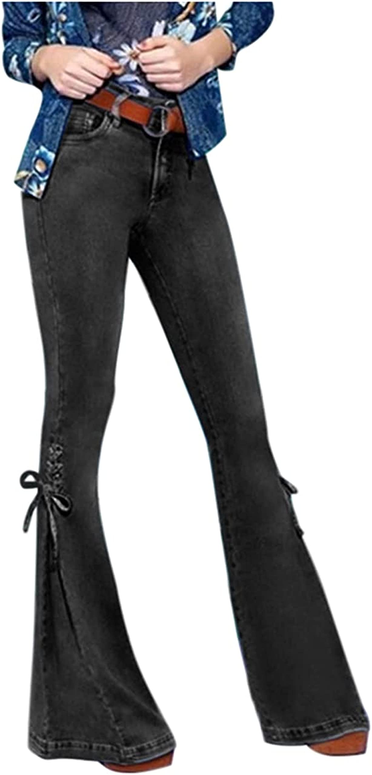 **Women's Stretchy Bell Bottom Jeans - High Waist Flare Denim Pants with Lace-Up Detail, Comfortable & Stylish (Medium 32.2W, Black) - Perfect for Casual Outfits, Retro Fashion & Boho Looks**
