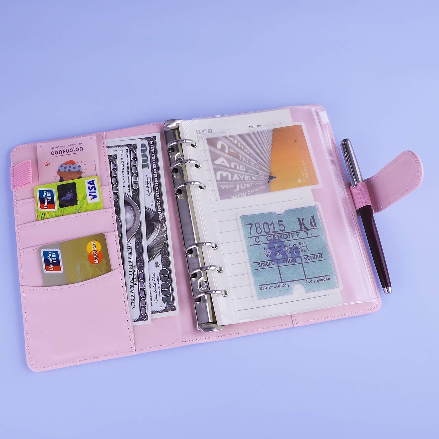 Antner A6 PU Leather Notebook Binder (Pink) with 3 Pack Refill Paper, 2 Pack 160pcs Neon Page Markers, 10pcs Dividers & 3pcs Pockets | Perfect for School, Office & Planner Organization