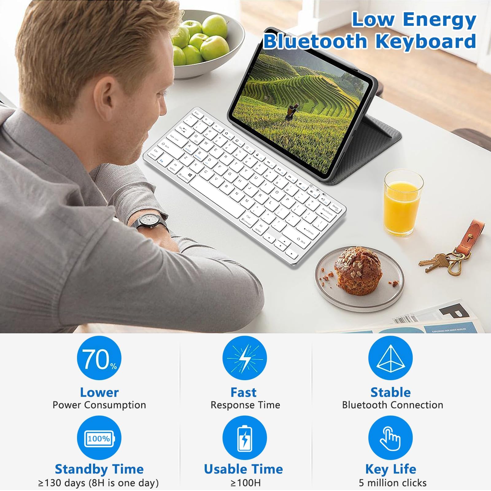 Ultra-Slim Bluetooth Keyboard for iPad 10.2/iPad Pro 11/12.9/iPad Air/Mini - Wireless Keyboard Compatible with iOS, Android, Windows Devices - Perfect for Home Office, Travel & Mobile Typing (Silver)