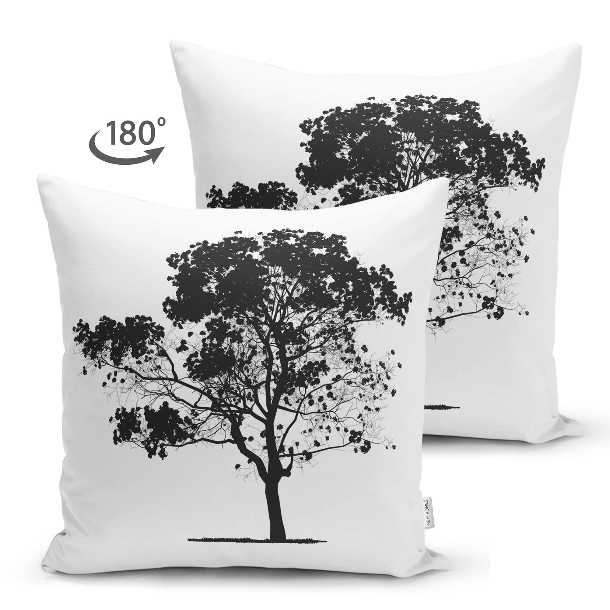 Farmhouse Botanic Square Throw Pillow Covers 12x12 inches (31x31cm) - Tree Home Decorative Pillowcase Set of 2 - White and Black Oak Leaf Design Cushion Shams for Sofa, Bed, Living Room - Cozy Farmhouse Style Home Decor Gift Ideas