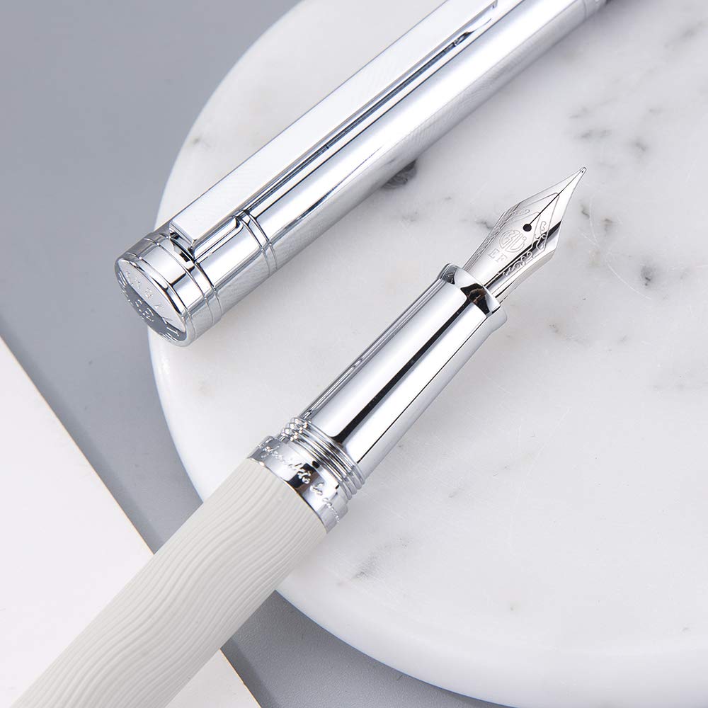 HongDian White Wave Stainless Steel Fountain Pen with Iridium Extra Fine Nib - Classic Writing Pen Includes Metal Case & Ink Converter - Perfect for Journaling, Calligraphy, and Office Use