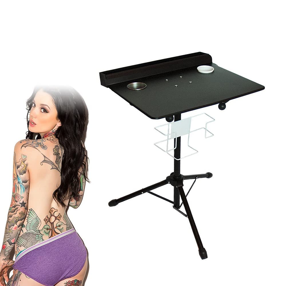 Portable Adjustable Height Tattoo Workstation Stand with Water Cup & Paper Towel Holder - Mobile Tattoo Artist Desk, Hair Salon Tray Table for Professional Tattooing & Beauty Services - Perfect for Tattoo Studios, Barber Shops & Home Use