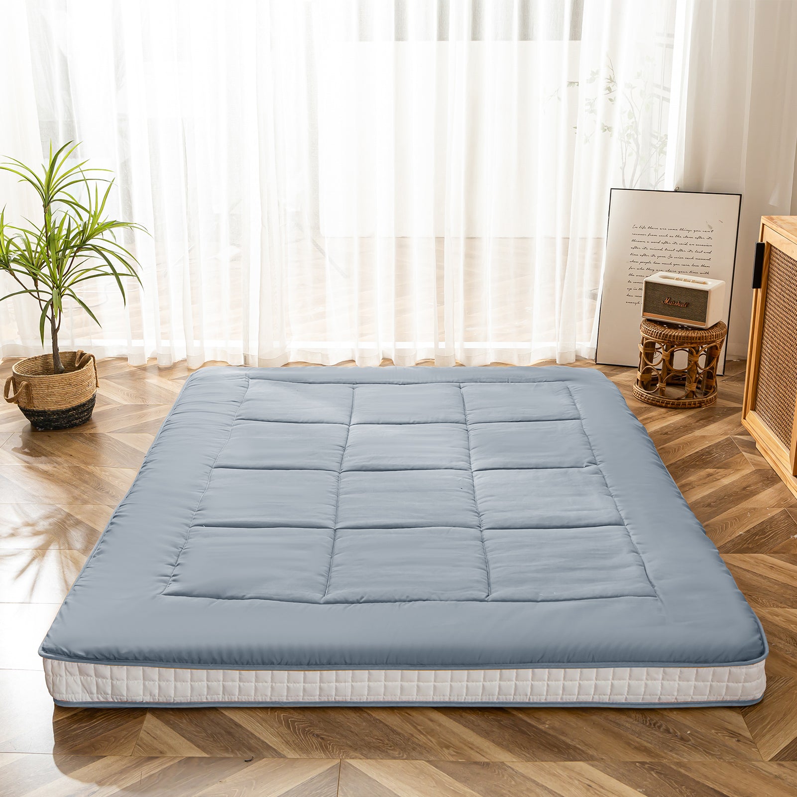 MAXYOYO Padded Comfortable Floor Mattress - Blue Gray | Extra Thick Foldable Guest Bed | Perfect for Camping, Sleepovers & Small Space Living