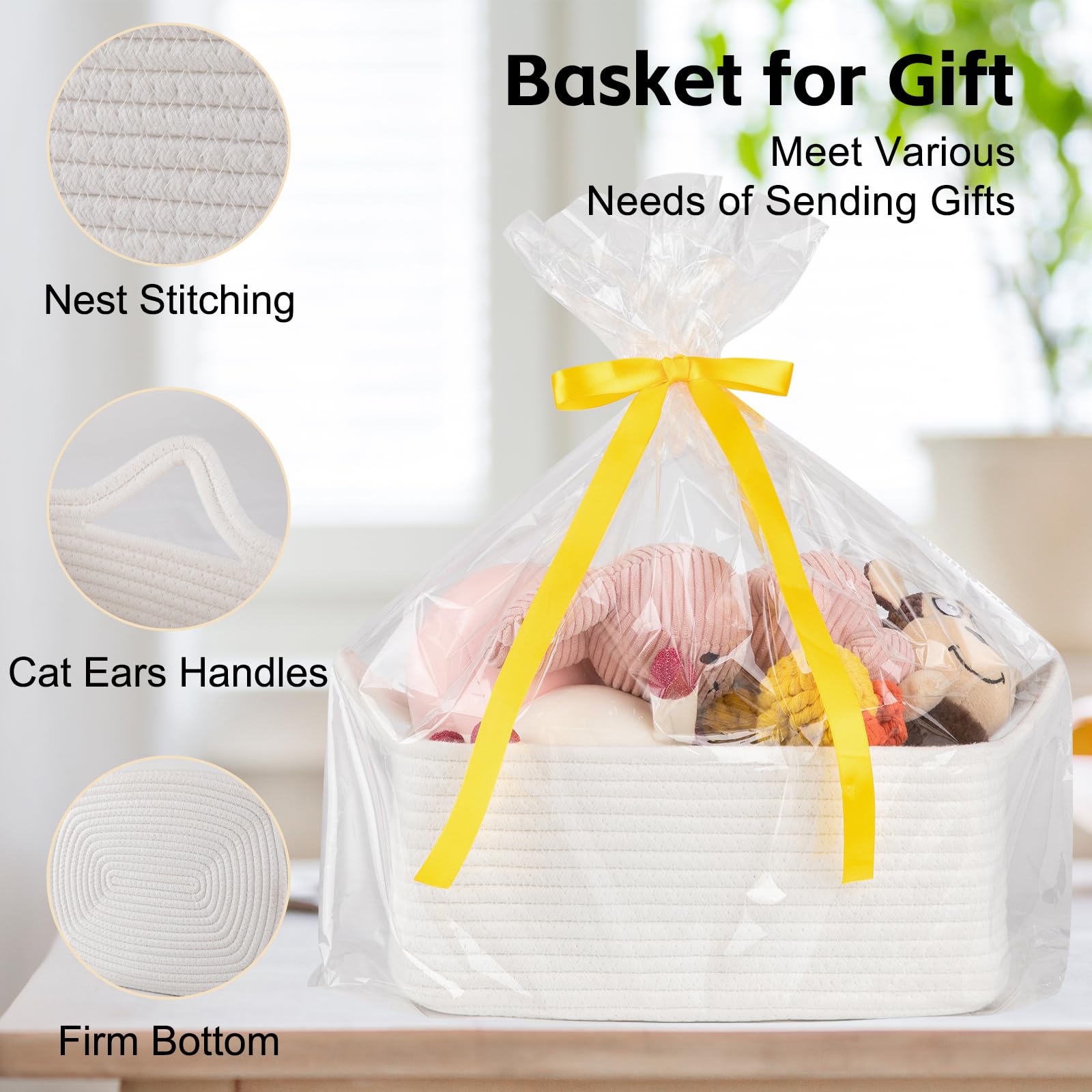 OIAHOMY Woven Storage Basket with Handles - White Gift Basket for Baby Showers, Nursery Organization & Pet Toy Storage | Includes Gift Bags & Ribbons | Perfect for Home Decor, Wedding Favors & Holiday Gifting
