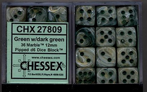 Chessex Dice d6 Sets: Marble Green Swirl with Dark Green Pips - 12mm Six Sided Die (36 Count) Bulk Dice for RPG, D&D, Board Games and Tabletop Gaming