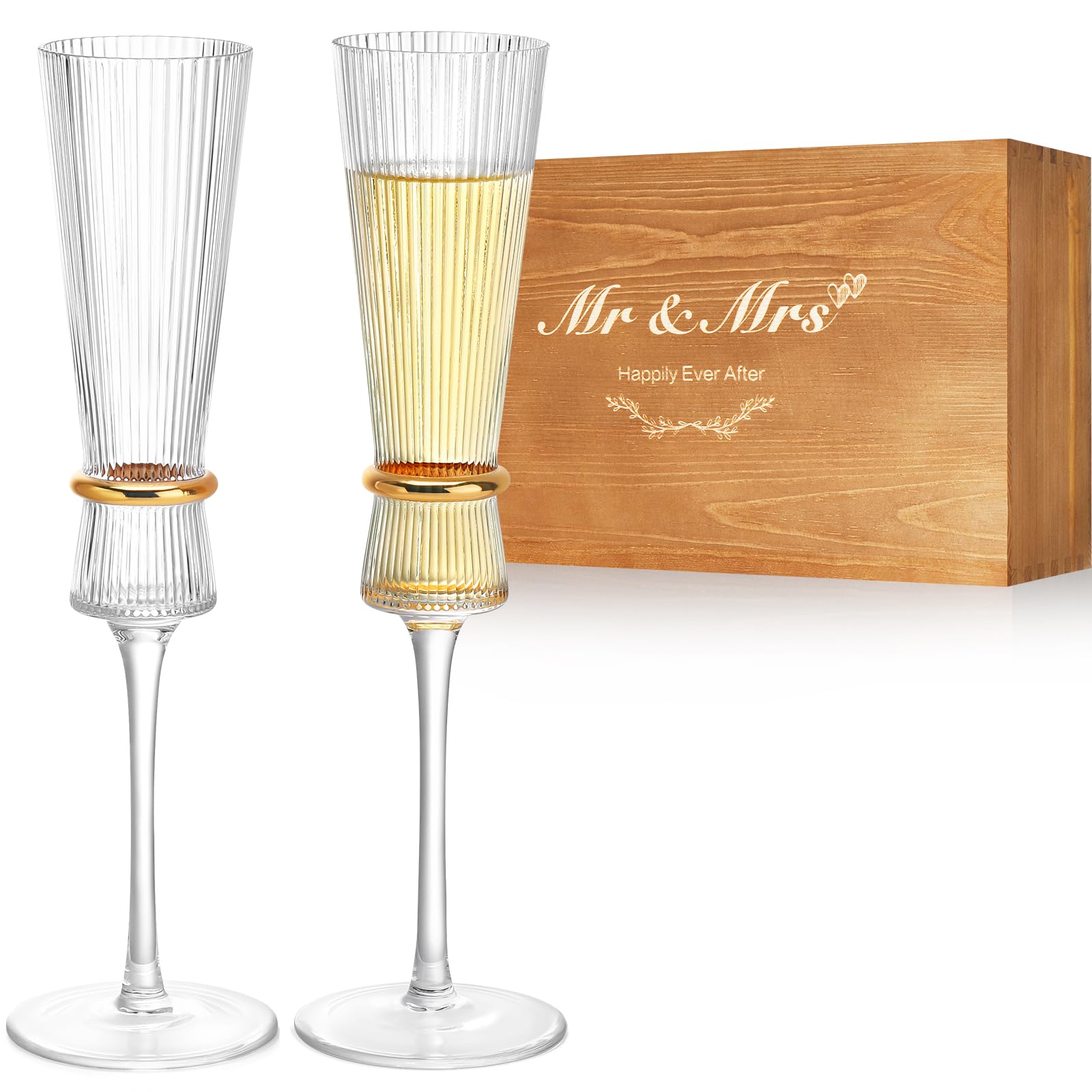 Elegant Wedding Champagne Flutes Set of 2 - Crystal Mr & Mrs Glasses for Bride and Groom, Bridal Shower & Housewarming Gifts - Perfect for Wedding Toasts, Anniversaries & Romantic Celebrations