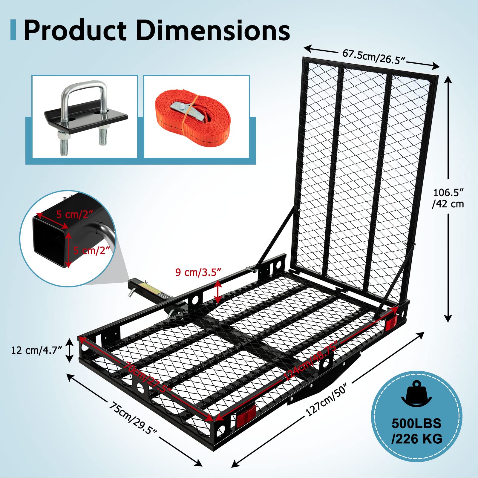 Heavy Duty Folding Hitch Mount Cargo Carrier - 500 lbs Capacity with Loading Ramp & Tie-Down Straps - Perfect for Wheelchairs, Mobility Scooters, Lawn Mowers & Outdoor Equipment - Ideal for Camping, Road Trips & Home Storage