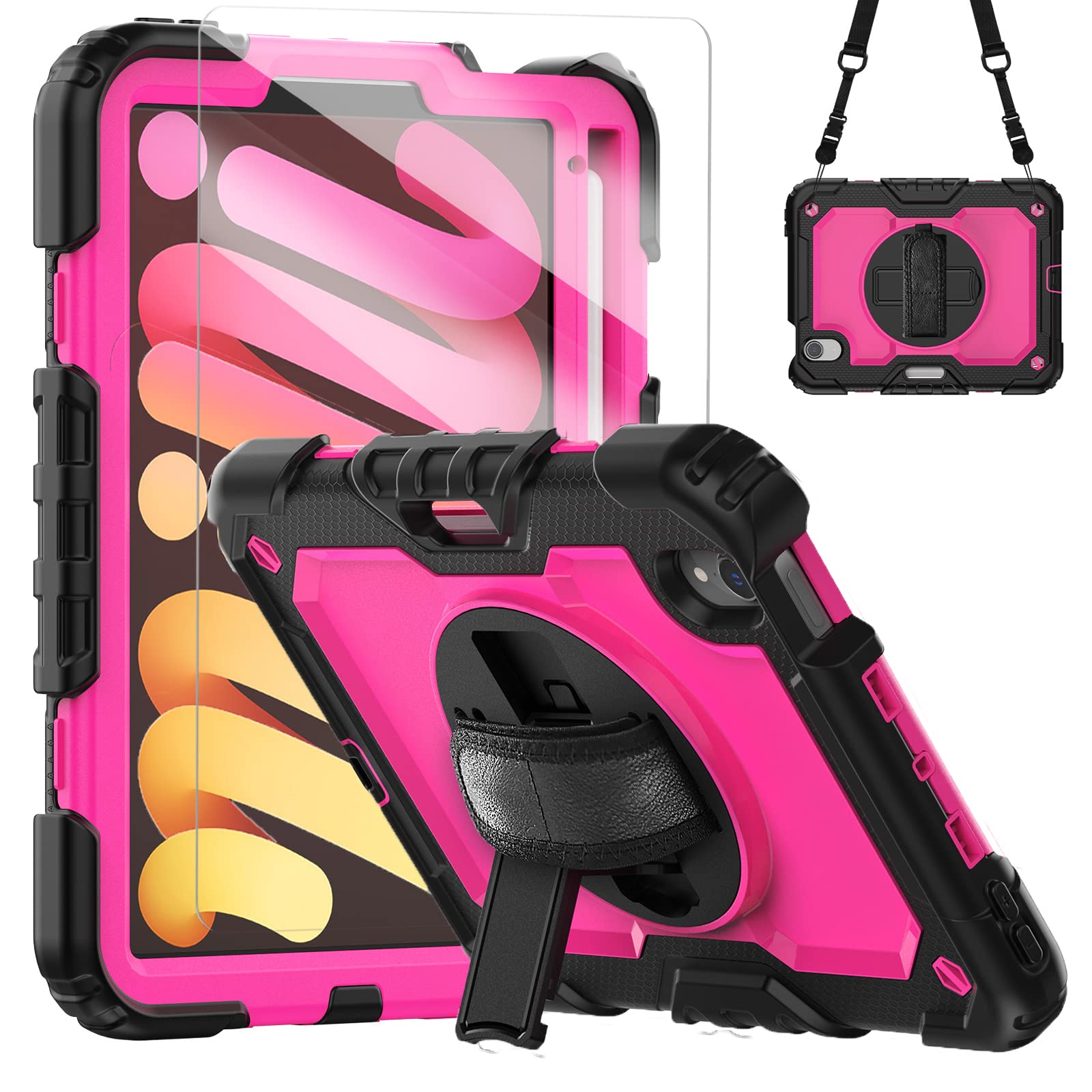 Blosomeet iPad Mini 6 Case (2021 8.3 Inch) - Shockproof Protective Cover with Built-in Stand, Pencil Holder & Tempered Glass Screen Protector | Perfect for Kids, Students & Teachers | Rose Red | Ideal for School, Travel & Outdoor Use