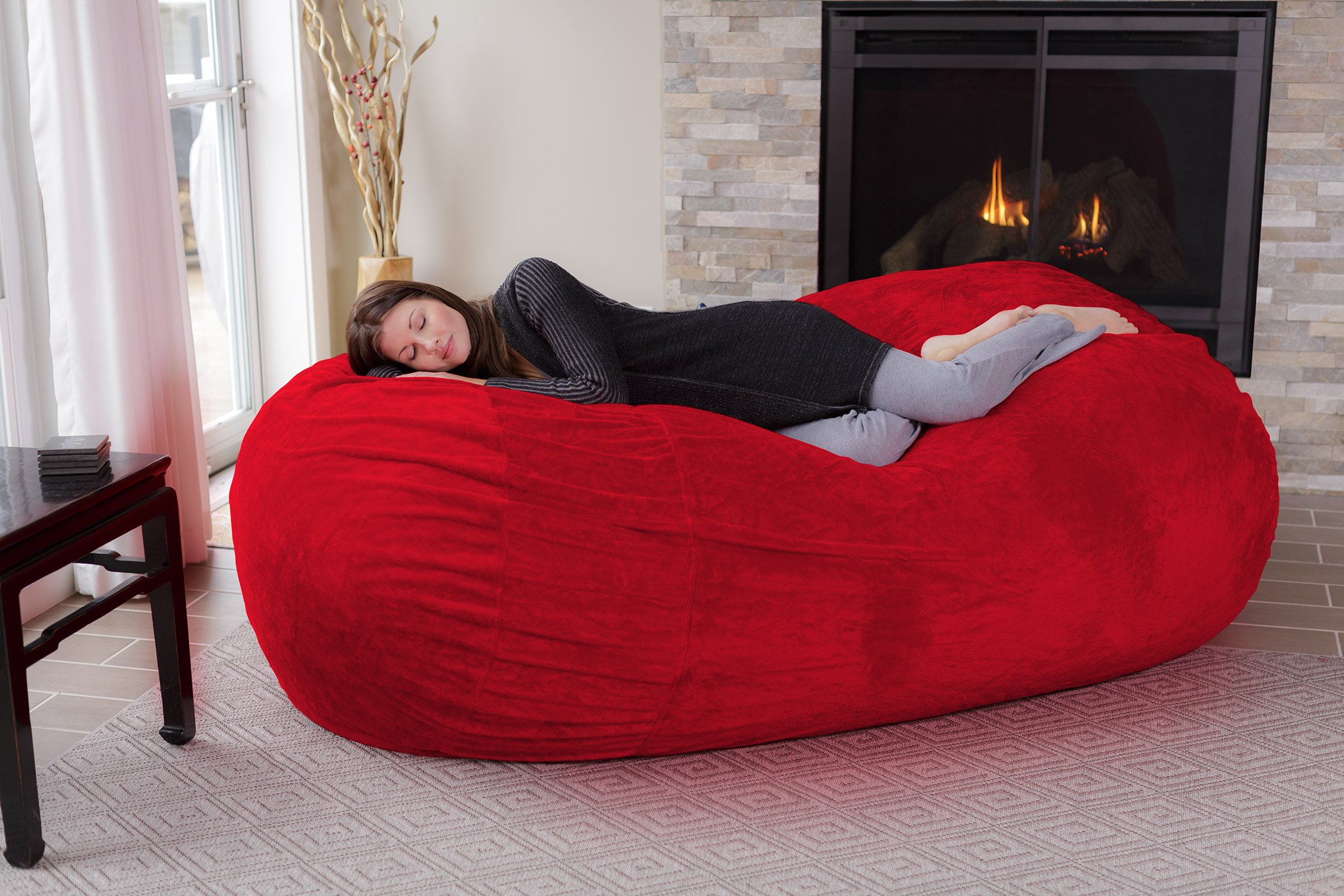 Chill Sack 7.5-Feet Memory Foam Bean Bag Chair - Ultra Soft Furry Red Lounger for Adults & Teens | Perfect for Gaming, Movie Nights & Dorm Room Relaxation