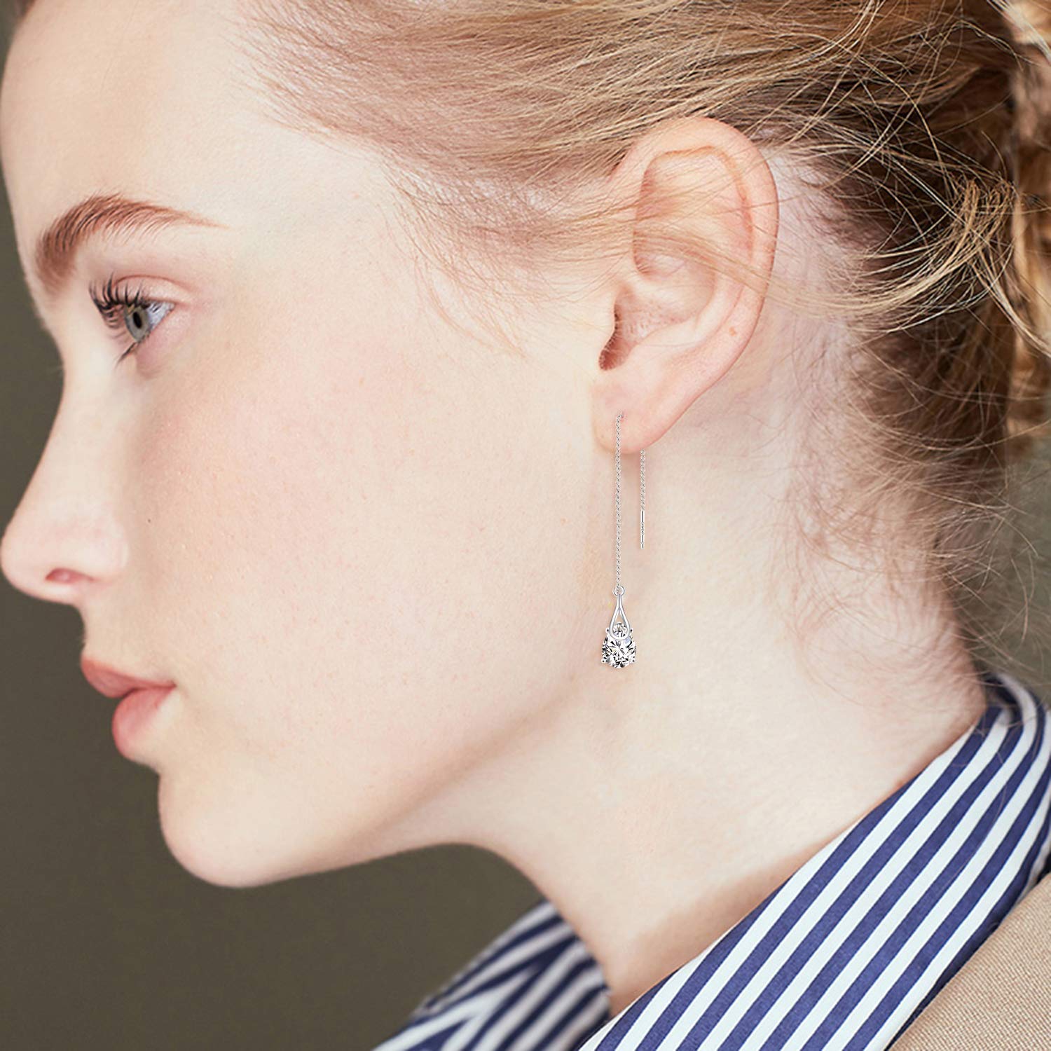 POPLYKE Sterling Silver CZ Threader Earrings - Dainty Teardrop Chain Ear Cuff for Women & Girls | Perfect for Parties, Weddings & Everyday Elegance