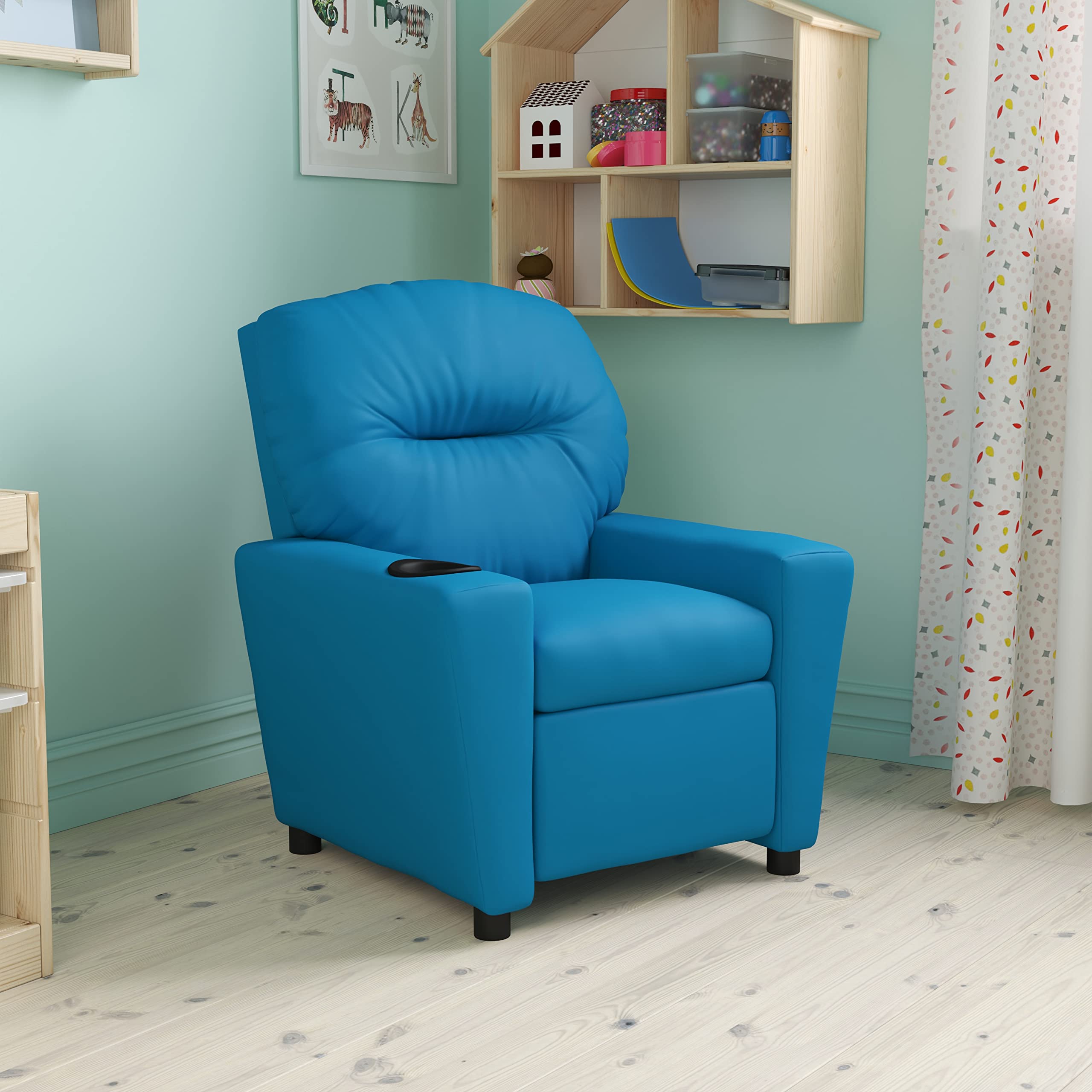 Turquoise Vinyl Kids Recliner with Cup Holder - Comfortable Children's Chair for Playroom, Bedroom & Movie Nights - BizChair