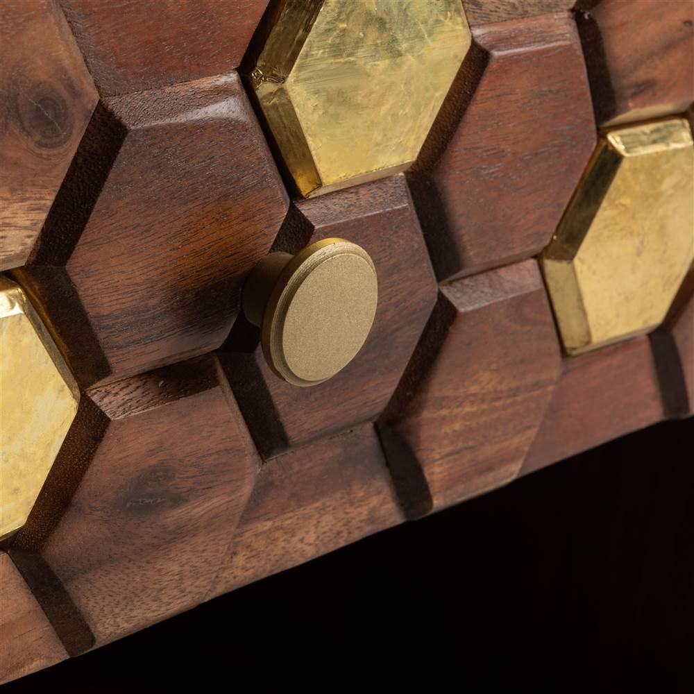 Safavieh Raveena Modern Honeycomb Nightstand with Natural Wood & Brass Hairpin Legs - Perfect for Bedroom, Living Room, or Office Side Table