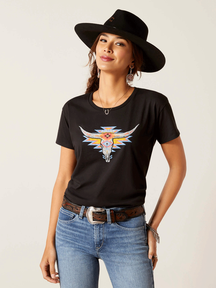 Ariat Women's Geo Skull Graphic T-Shirt - Black | Western Style Cotton Tee for Casual Wear & Rodeo Events