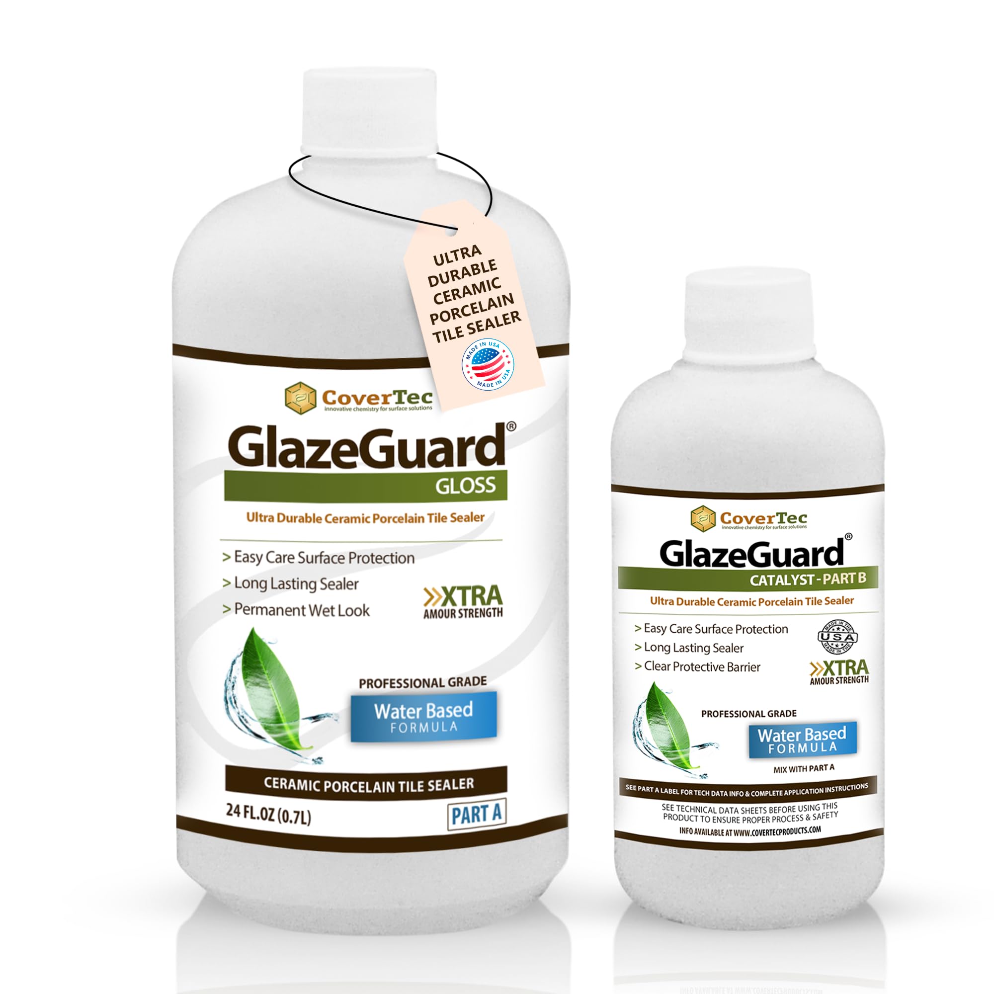 GlazeGuard Pro Grade Gloss Floor & Wall Sealer Kit (2-Part A+B) for Ceramic, Porcelain & Stone Tiles – 1 Quart – High Shine Protection for Bathrooms, Kitchens & High-Traffic Areas