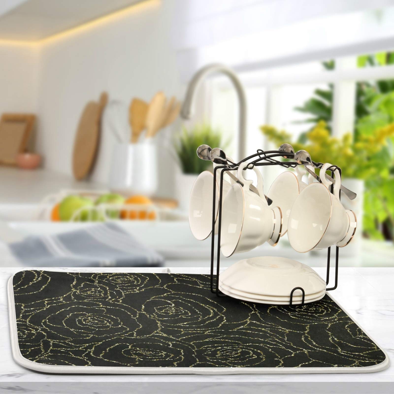 Susiyo Gold Glitter Roses Dish Drying Mat - Super Absorbent Microfiber Kitchen Counter Pad (18x24 Inch) | Heat-Resistant, Non-Slip & Safe for Dishes | Perfect for Drying Cups, Plates & Utensils on Countertops