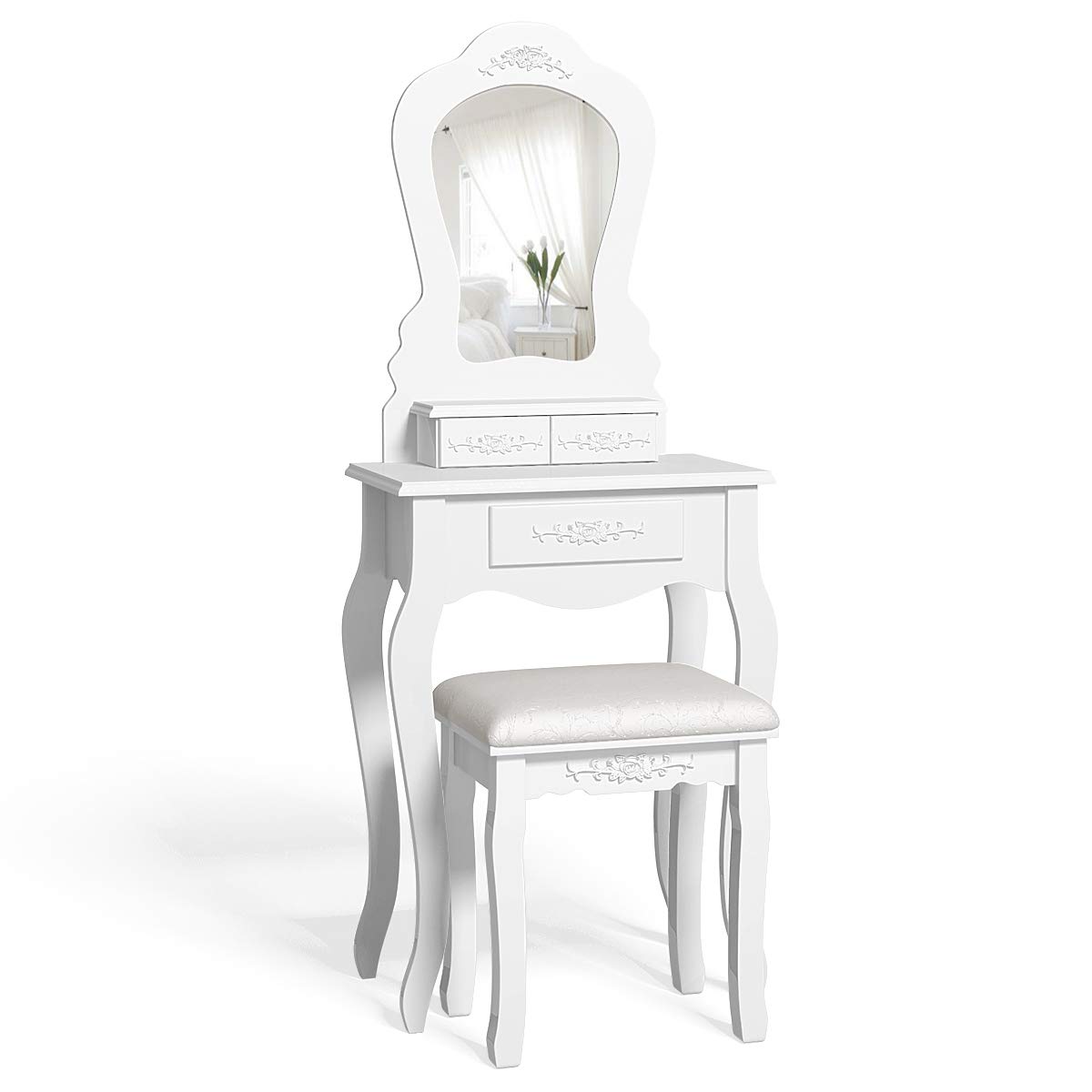Modern White Vanity Table Set with 3 Drawers, Fan-Shaped Mirror & Cushioned Stool - Multifunctional Makeup Dressing Desk for Bedroom, Beauty Salon & Home Decor | Perfect for Daily Makeup, Skincare & Hair Styling