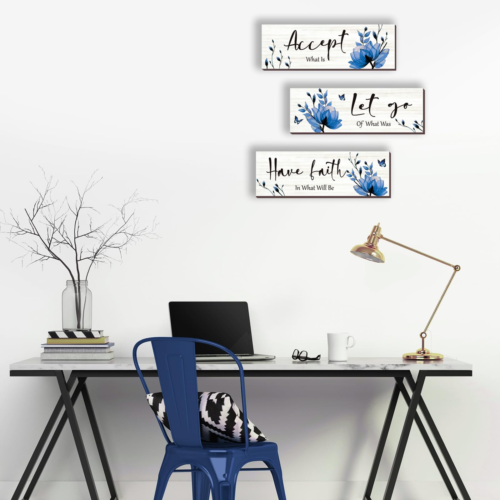 3-Piece Blue Bathroom Decor Set - Rustic Flower Wall Art with Inspirational Quote 