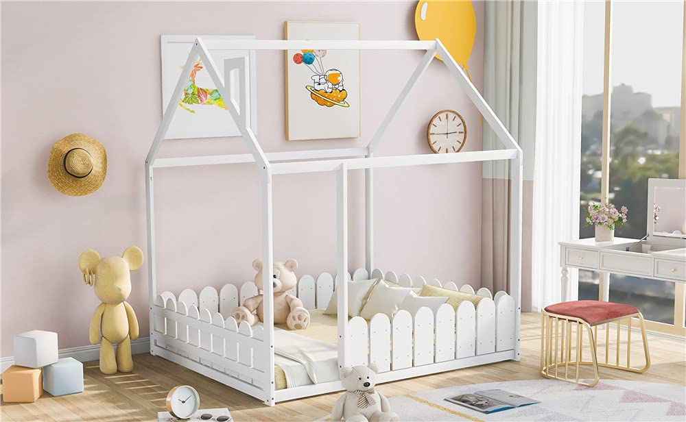 Full Size Wooden House Bed Frame with Safety Fence - Sturdy Cabin Floor Bed for Kids Nursery, Toddler & Children's Room Furniture - High Weight Capacity (White) - Perfect for Bedrooms, Daycare Centers & Playrooms
