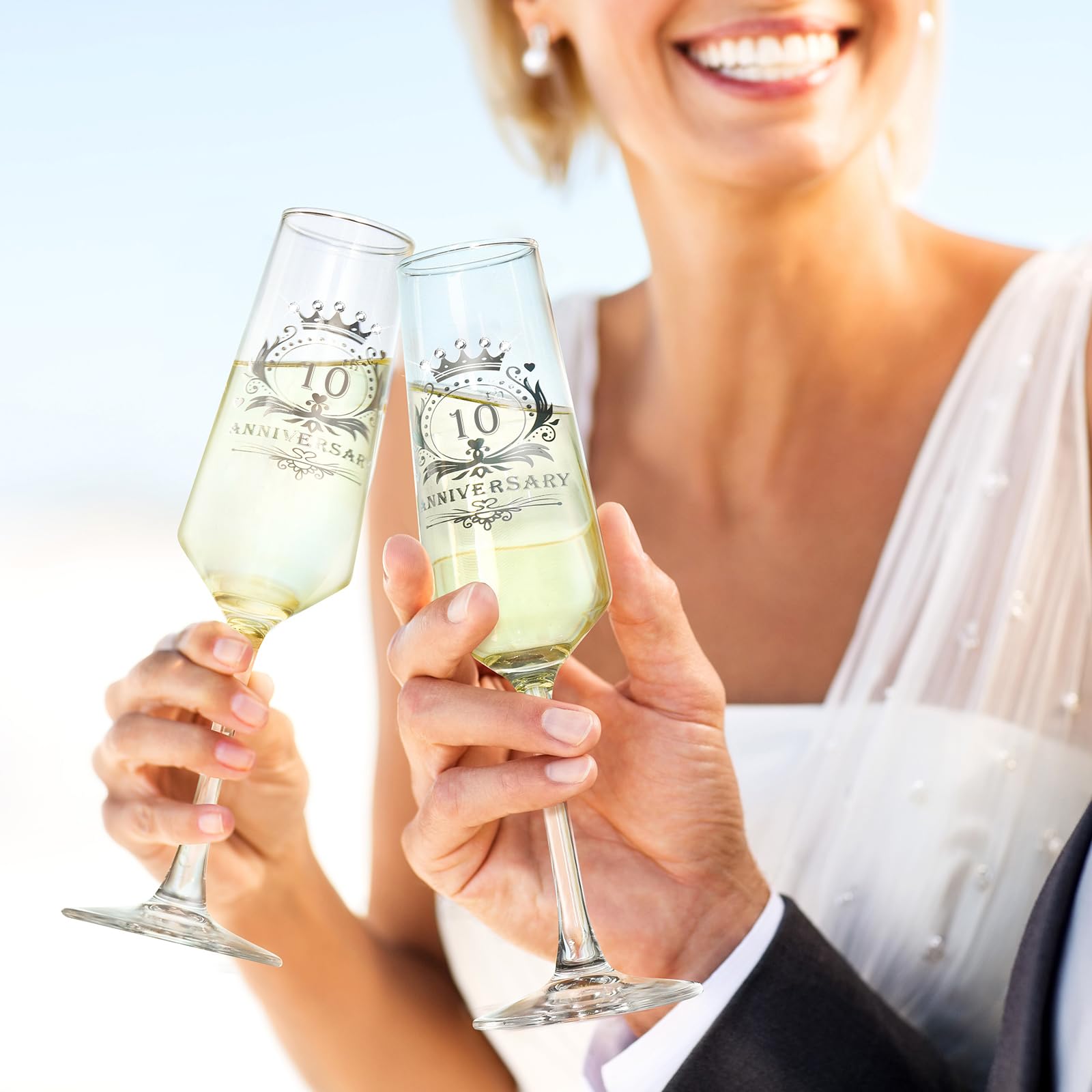 ROXBURGH 10th Wedding Anniversary Champagne Flutes Set of 2 - 7 OZ Crystal Glasses for Couples, Romantic Gifts & Anniversary Decorations - Perfect for Toasting, Wedding Celebrations & Romantic Dinners