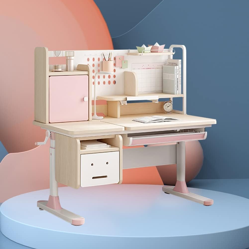 Ergonomic Adjustable Kids Study Desk with Bookshelf & Hutch - Multi-Function Wood Drafting Table & Computer Station (Desk-310, Pink) | Perfect for Homework, Online Learning & Home Office