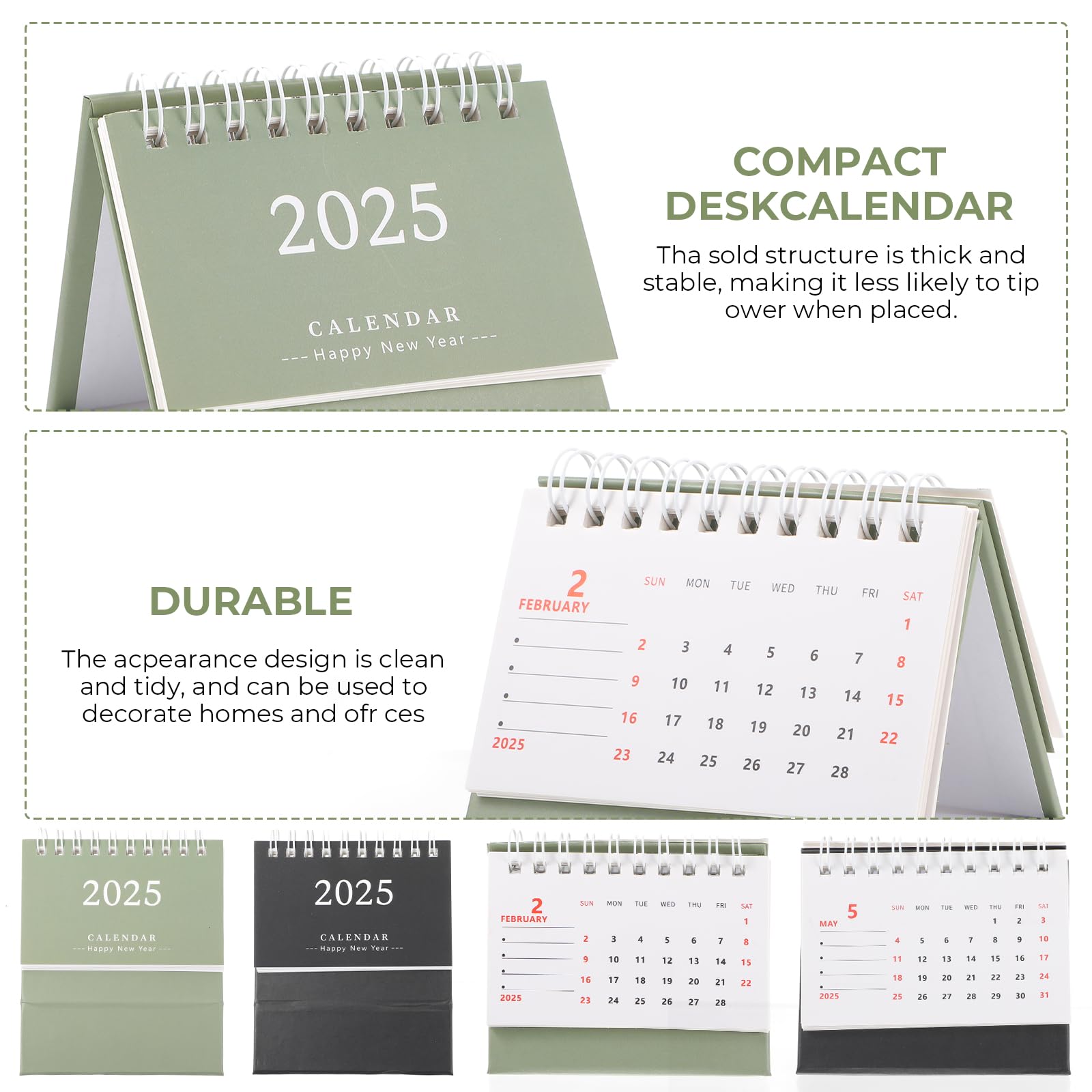 2025 Mini Desk Calendar - 2 Pack Small Standing Flip Calendar for School, Home & Office - Portable & Stylish (Black & Green) - Perfect for Planning, Gifts & Workspace Organization