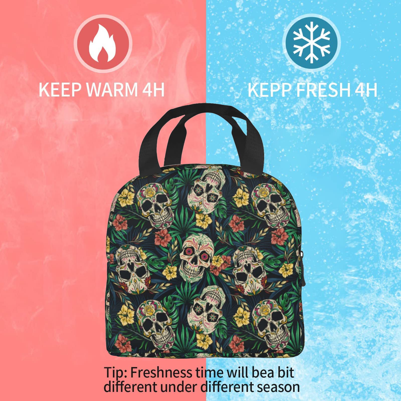 Women's Skull Flower Insulated Lunch Bag - Reusable Leakproof Lunch Box & Cooler for Work, School & Picnics | Stylish & Eco-Friendly Food Container