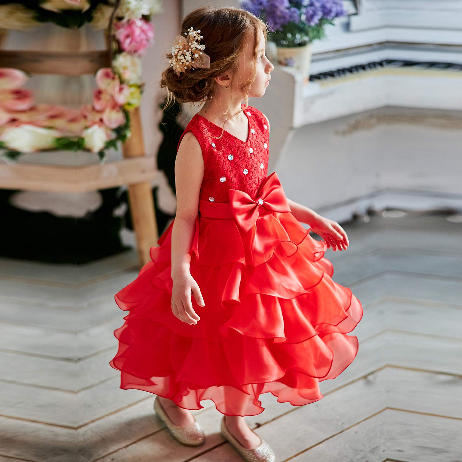 NNJXD Girls Ruffled Lace Party Dress - Elegant Wedding Flower Girl Dress for Special Occasions | Perfect for Birthday Parties, Pageants, and Formal Events