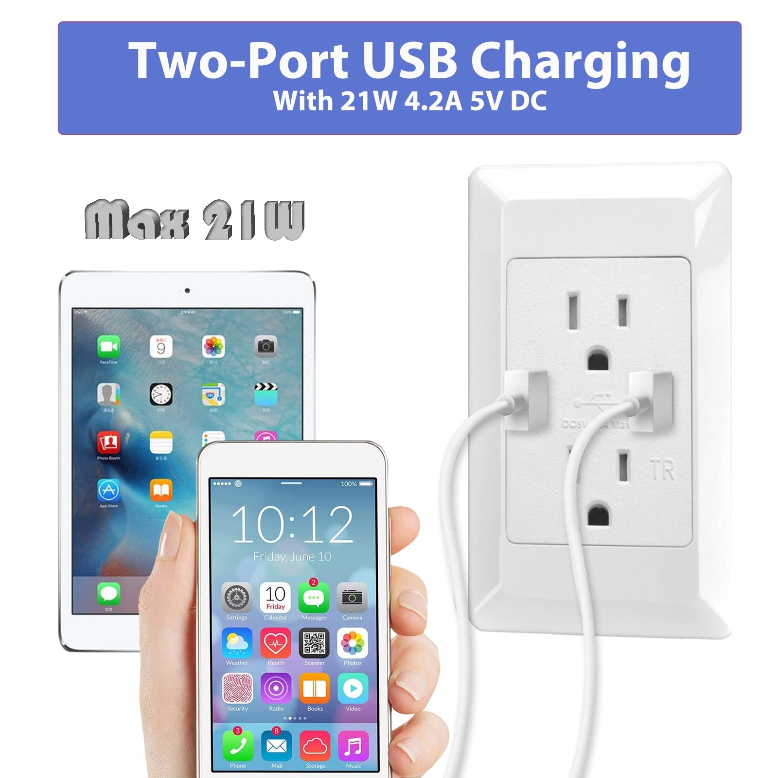 GREENCYCLE 20-Pack USB Outlet Receptacle - 4.2A High-Speed Dual USB Charger & 15A Tamper-Resistant Electrical Wall Socket - Screwless Wall Plate - Perfect for Home, Office & Hotel Charging Stations