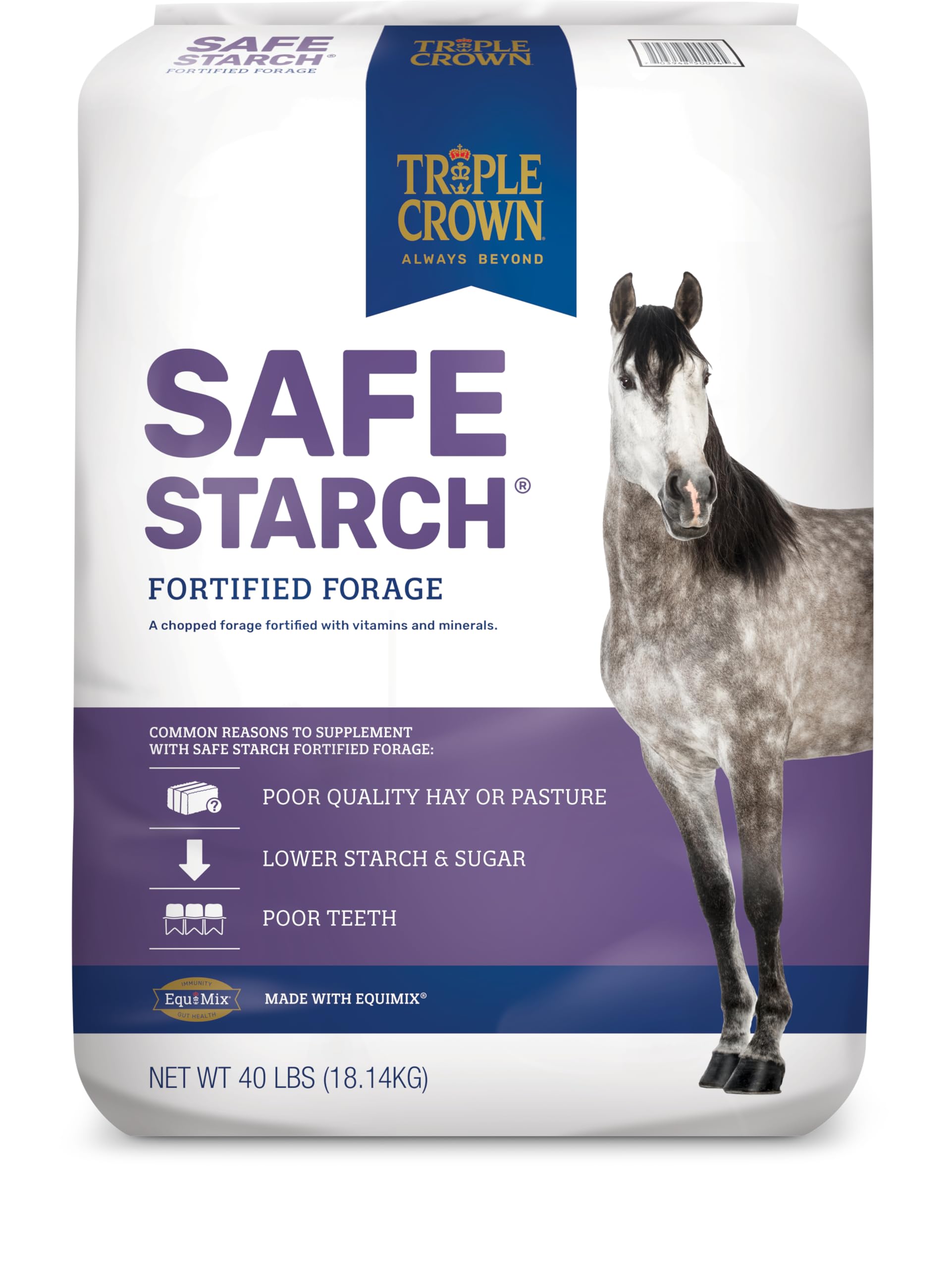 Triple Crown Low Starch Horse Feed - Grain Free, Fortified Forage with Orchard & Timothy Hay (40lbs) for Performance & Recovery