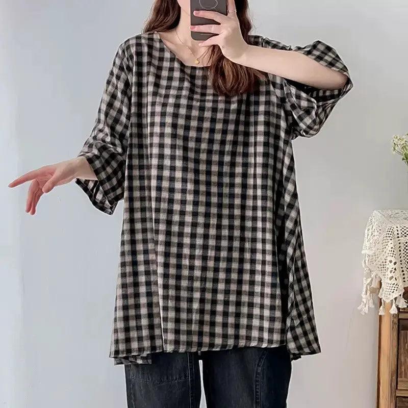 Stylish Plaid Linen Blouse for Women - Breathable Loose Fit Summer Top | Perfect for Casual Outings, Beach Vacations & Office Wear
