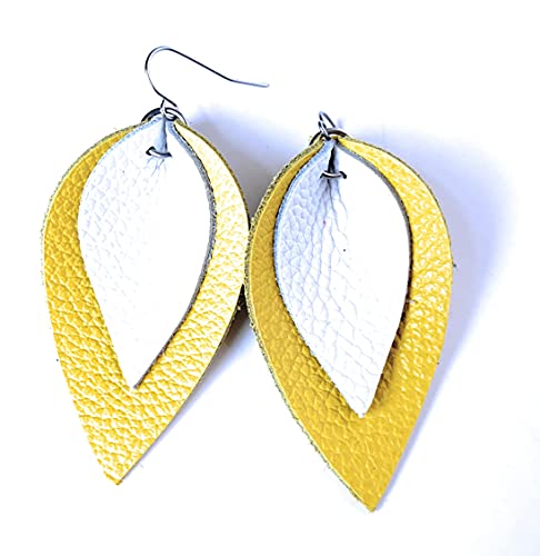 Layered Leather Leaf Earrings for Women - White on Yellow Dangle Drop Earrings | Boho Chic Handmade Jewelry for Casual Wear, Parties & Special Occasions