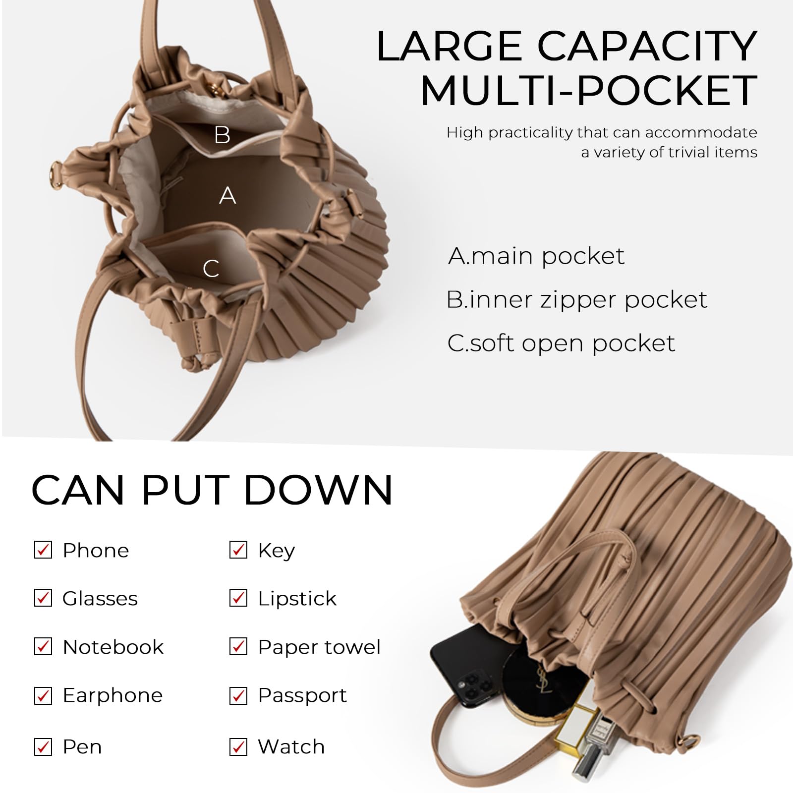 Stylish Women's Mini Leather Bucket Bags - Drawstring Crossbody Purse & Pleated Shoulder Handbag for Everyday Use, Travel & Date Nights