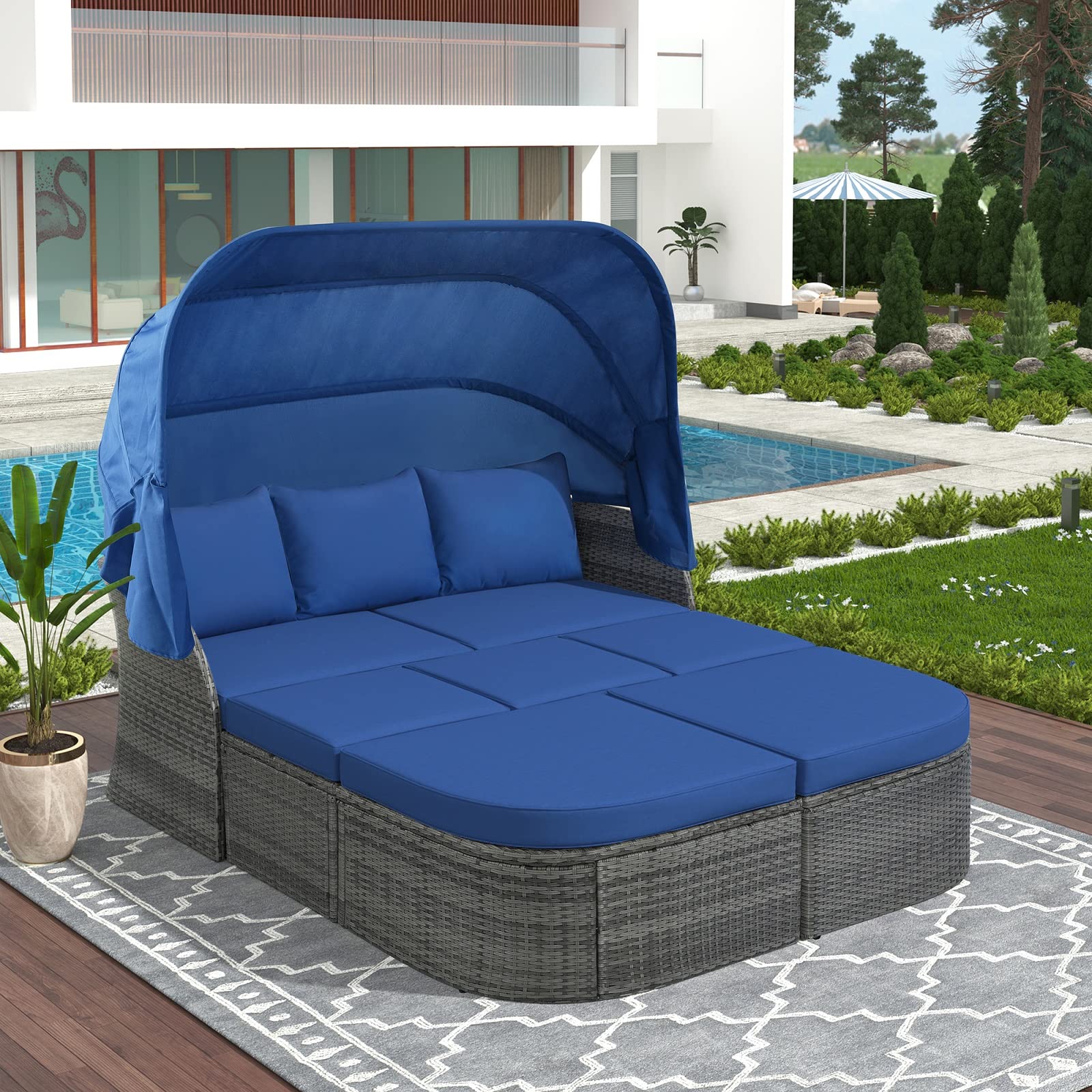 Outdoor Patio Rectangle Daybed with Retractable Canopy - Wicker Rattan Sectional Sofa Set with Adjustable Height Coffee Table - Blue Rattan Conversation Furniture for Garden, Poolside & Backyard Relaxation