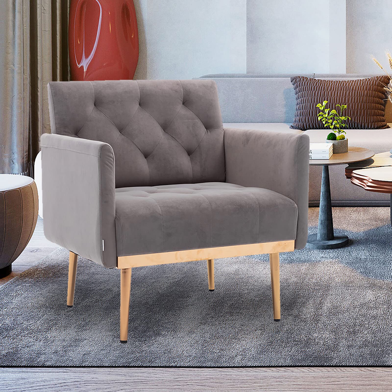 Velvet Accent Armchair with Golden Legs - Upholstered Reading & Leisure Chair for Living Room, Bedroom, Office - Soft Gray Velvet Sofa Chair for Cozy Home Decor & Relaxation