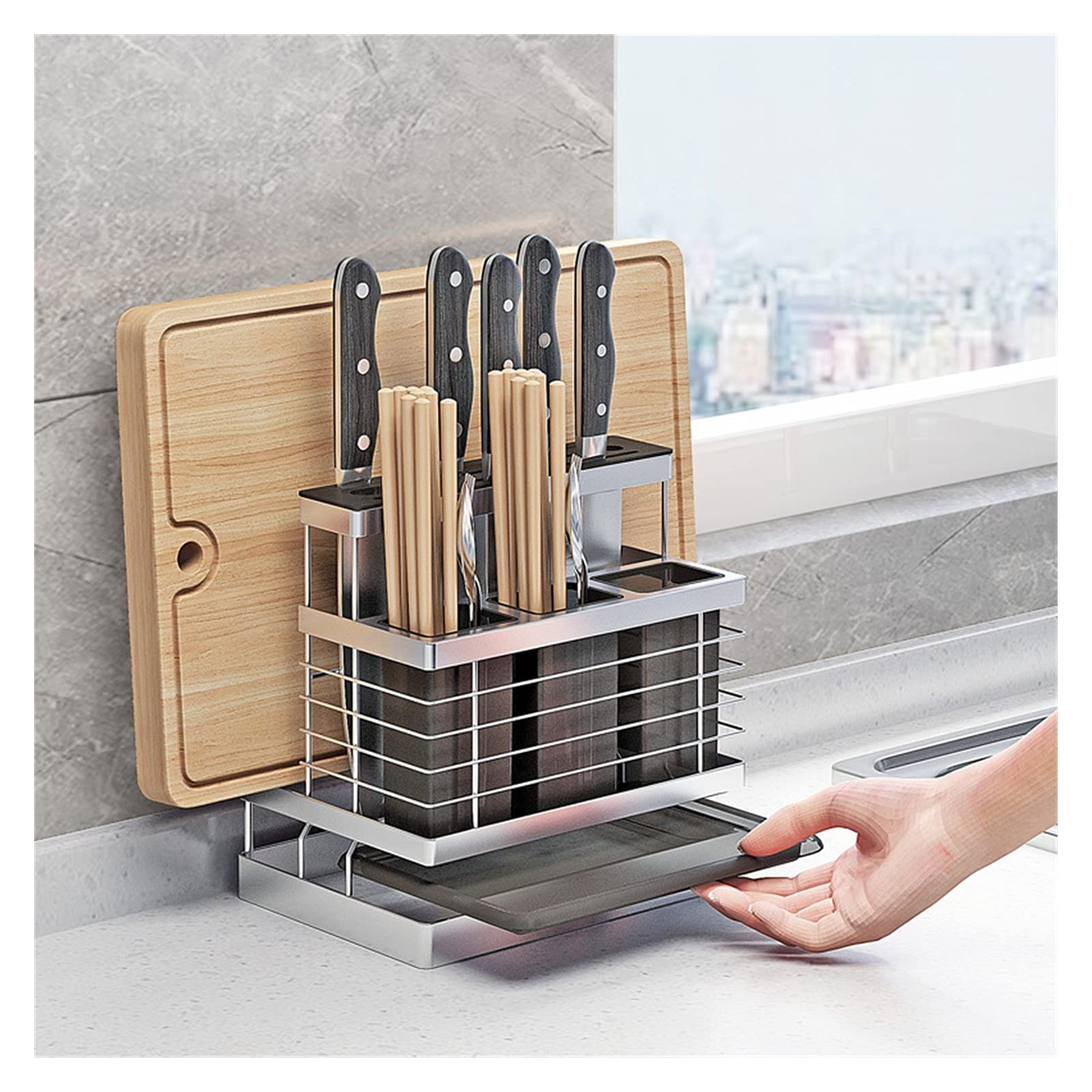 Premium 304 Stainless Steel 3-in-1 Kitchen Sink Organizer - Knife Holder, Cutlery Tray & Chopping Board Storage - Space-Saving Kitchen Tool Organizer for Countertop, Dish Rack & Utensil Organization (Perfect for Small Kitchens & Apartment Living)